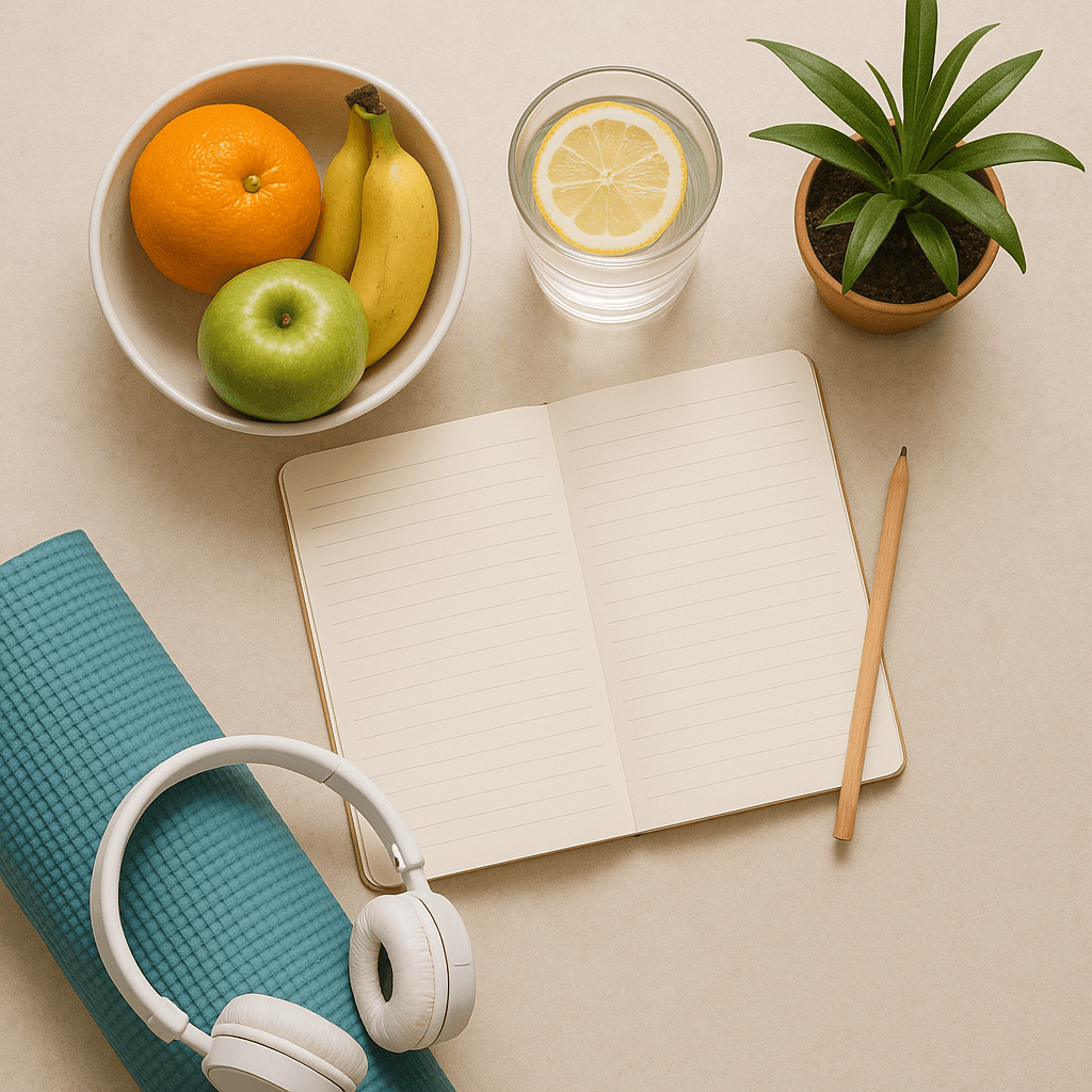 Healthy lifestyle flatlay with notebook, fruit, and yoga mat